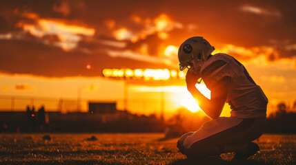 Football Player Kneeling on Field at Sunset