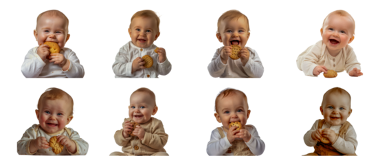 Mischievous white baby sneakily hiding a cookie cut out png on transparent background