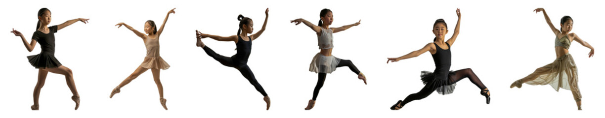 Determined teenage East Asian girl practicing ballet poses cut out png on transparent background