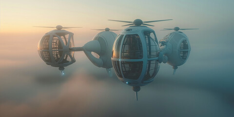 Moderne Drohnen Luftfahrzeuge zur Personenbeförderung fliegen in der Luft, ai generativ - obrazy, fototapety, plakaty