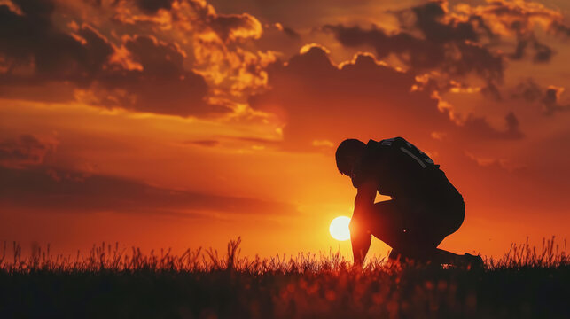 Football Player Contemplating at Dusk Silhouette