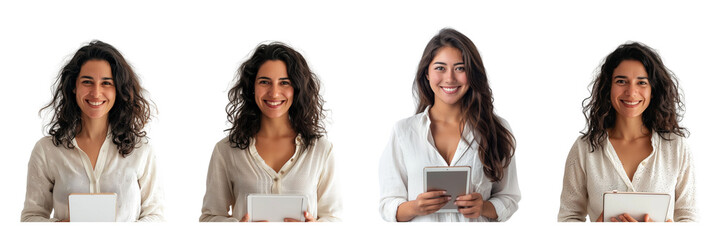 Set of a Brazilian woman, with tablet iPad, smiling on a ,transparent background