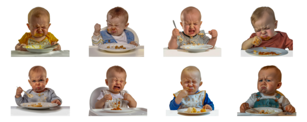 White baby grimacing in disgust at taste of new food cut out png on transparent background