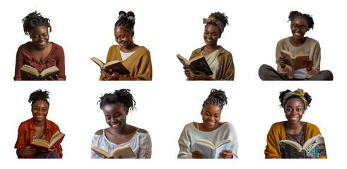 Young black woman enjoying book reading cut out png on transparent background