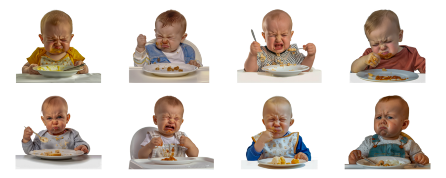 White baby grimacing in disgust at taste of new food cut out png on transparent background