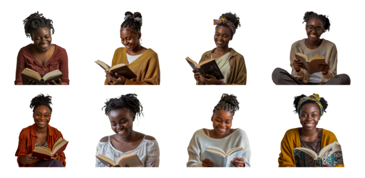 Young black woman enjoying book reading cut out png on transparent background