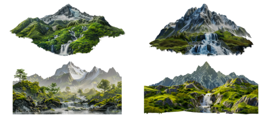 Majestic floating mountains with cascading waterfalls cut out png on transparent background