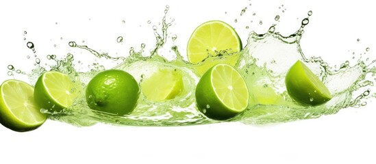 Limes and lime slices falling into a water-filled bowl