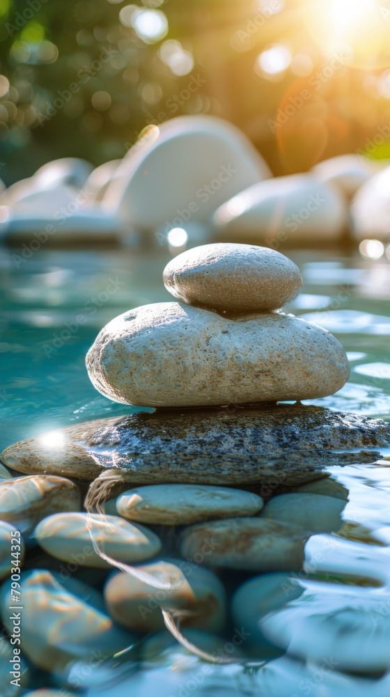 Canvas Prints a stack of rocks in a pond with water and sunlight, ai