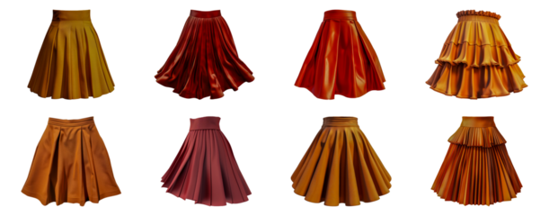 Assorted pleated skirts in shades of red and orange isolated cut out png on transparent background