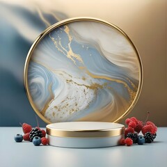 empty silver podium, gold and blue marbled wallpaper with berries bursting in blurred vison around, beauty template mockup, stock images