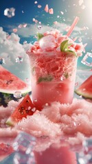 An enticing image showcasing a watermelon smoothie with fresh mint, surrounded by a frosty, icy environment hinting at a cool relief on a hot day