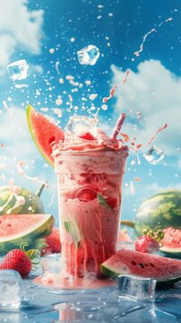 A dynamic and refreshing image capturing a watermelon smoothie splashing out of the glass with chunks of fruit and ice flying around