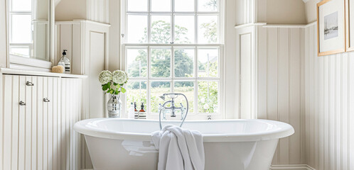Interior of white bathroom with a bathtub and a mirror and window view