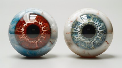 Two glass eyeballs with red, blue and white paint on them, AI