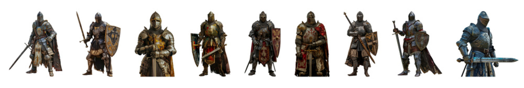 Collection of medieval knights in armor with weapons cut out png on transparent background