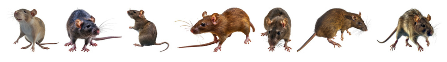 Detailed images of various poses of brown and gray rats cut out png on transparent background