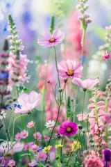 A tranquil scene of delicate pink flowers gracefully swaying in the breeze in a serene field with soft focus background