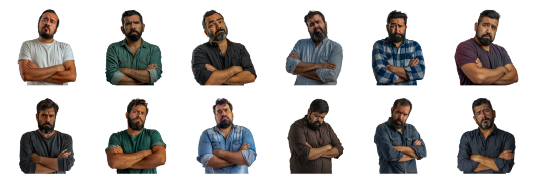 Hispanic man with beard showing range of emotions and gestures cut out png on transparent background