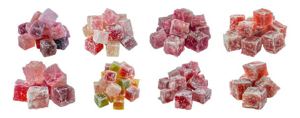 Assorted Turkish delight cubes with powdered sugar cut out png on transparent background