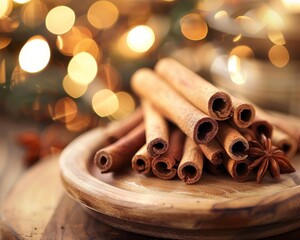 Warm-toned image of cinnamon sticks and star anise on a wooden plate with festive bokeh lights in the background