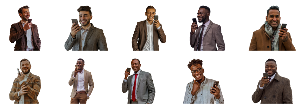 Diverse group of men in casual and business attire using smartphones happily cut out png on transparent background
