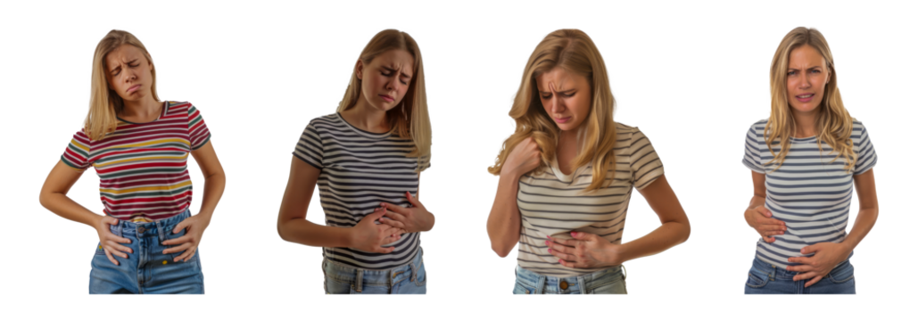 Young woman experiencing discomfort and pain in different poses cut out png on transparent background