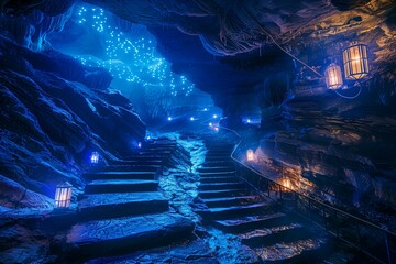 Eerie Cave Stairway with Deep Blue Art Installations, Highlighted by LED Lanterns - obrazy, fototapety, plakaty