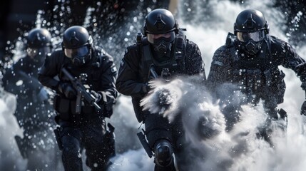 A group of men in black suits running through a cloud, AI