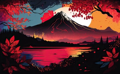mountains landscape panel wall art painting with colourful autumn trees