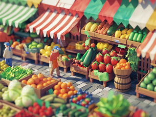 Bustling farmers market, fresh produce, flat 3D design