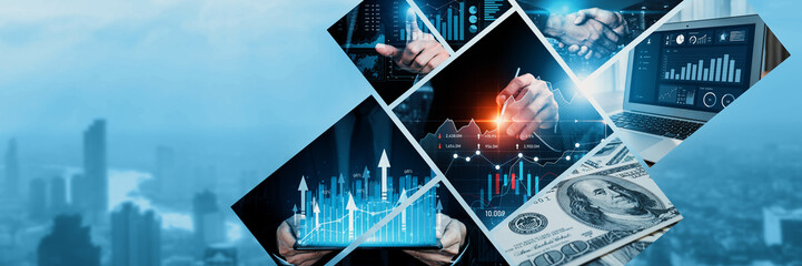 Futuristic business digital financial data technology concept for future big data analytic and business intelligence research for businessman analyst invest decisions making panoramic banner kudos - obrazy, fototapety, plakaty