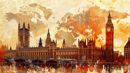 Big Ben and London cityscape double exposure contemporary style minimalist artwork collage...