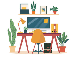 Stylish minimalist home office setup, bright colors, flat design
