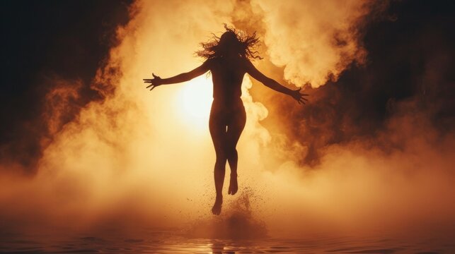 A woman jumping into a pool of water with smoke rising, AI