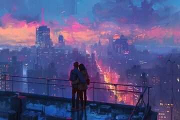 Teens embracing on a rooftop overlooking a vibrant city skyline. - obrazy, fototapety, plakaty