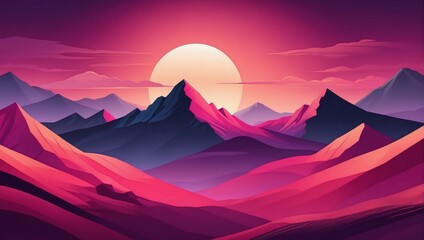 Abstract minimalistic background with mountains and hills at sunset or sunrise in magenta and coral tones. - obrazy, fototapety, plakaty