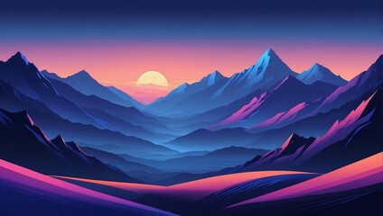 Abstract minimalistic background with mountains and hills at sunset or sunrise in indigo and cobalt tones. - obrazy, fototapety, plakaty