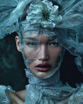 An evocative photo of a woman adorned with a detailed blue lace headpiece and makeup that conveys a mystical, otherworldly vibe