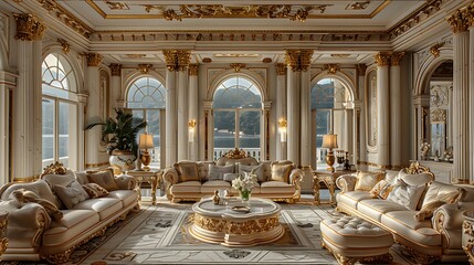 Design an opulent tableau of golden accents and rich fabrics, their sumptuous textures imbuing the...