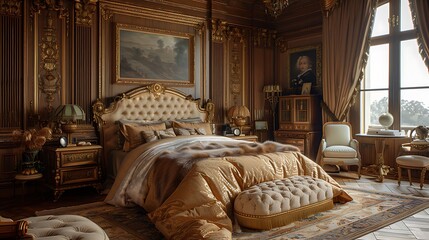 Design an opulent tableau of golden accents and rich fabrics, their sumptuous textures imbuing the...