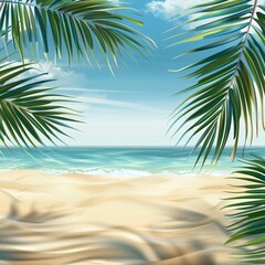 Fototapeta na wymiar Tropical beach background with palm leaves and sandy shore 