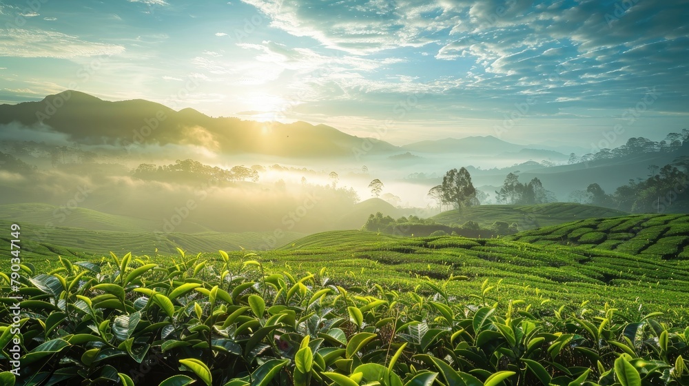 Poster Stunning scenery of a tea plantation during sunrise and sunset with a natural backdrop of blue skies and mist