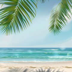 Tropical beach background with palm leaves and sandy shore 