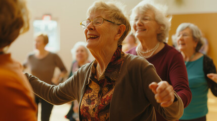 Senior citizens enjoying a line dancing session, staying active and social. Beauty, health, professionalism, team
