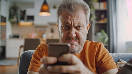Middle aged male staring at smartphone screen with angry face expression - obrazy, fototapety, plakaty