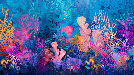 A radiant coral reef texture marine abstract art from a vibrant original painting for abstract background in coral blue color detailed Underwater paradise. 