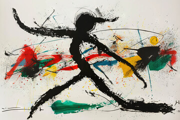 Motion style picture of a black dancing stickman with colorful splashes around him. Ai illustration.