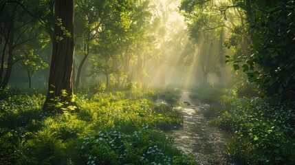 A serene forest clearing bathed in the golden light of dawn, with dew-kissed foliage and a tranquil stream meandering through the verdant landscape.