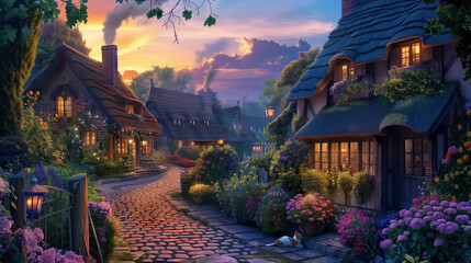 A beautiful painting of a street in a small village with cozy cottages and flowers everywhere